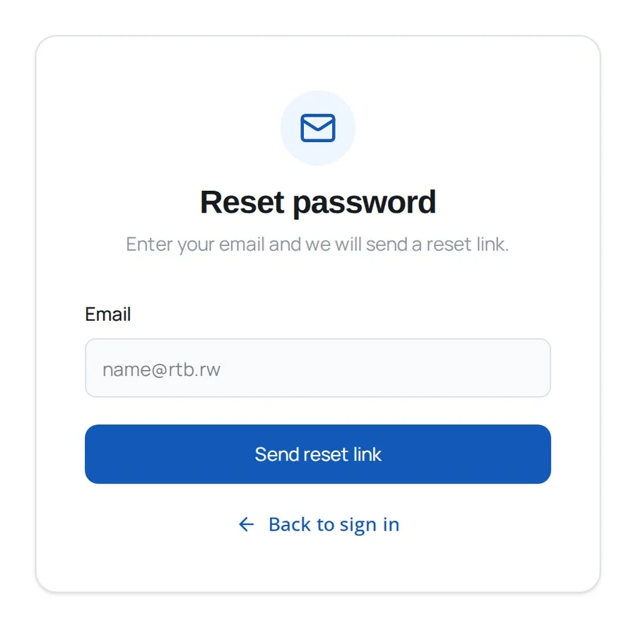 The Reset password screen, asking for an e-mail address.
