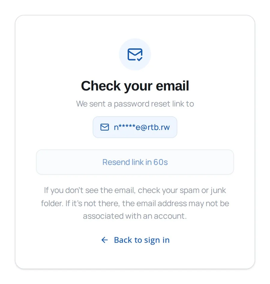 The Check your email screen, showing a partly hidden address and a countdown on the resend button.